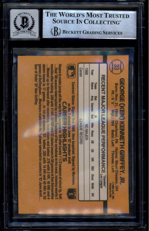 1989 Donruss 33 Ken Griffey Jr. RR Rated Rookie RC BAS Beckett Authentic 10 Auto