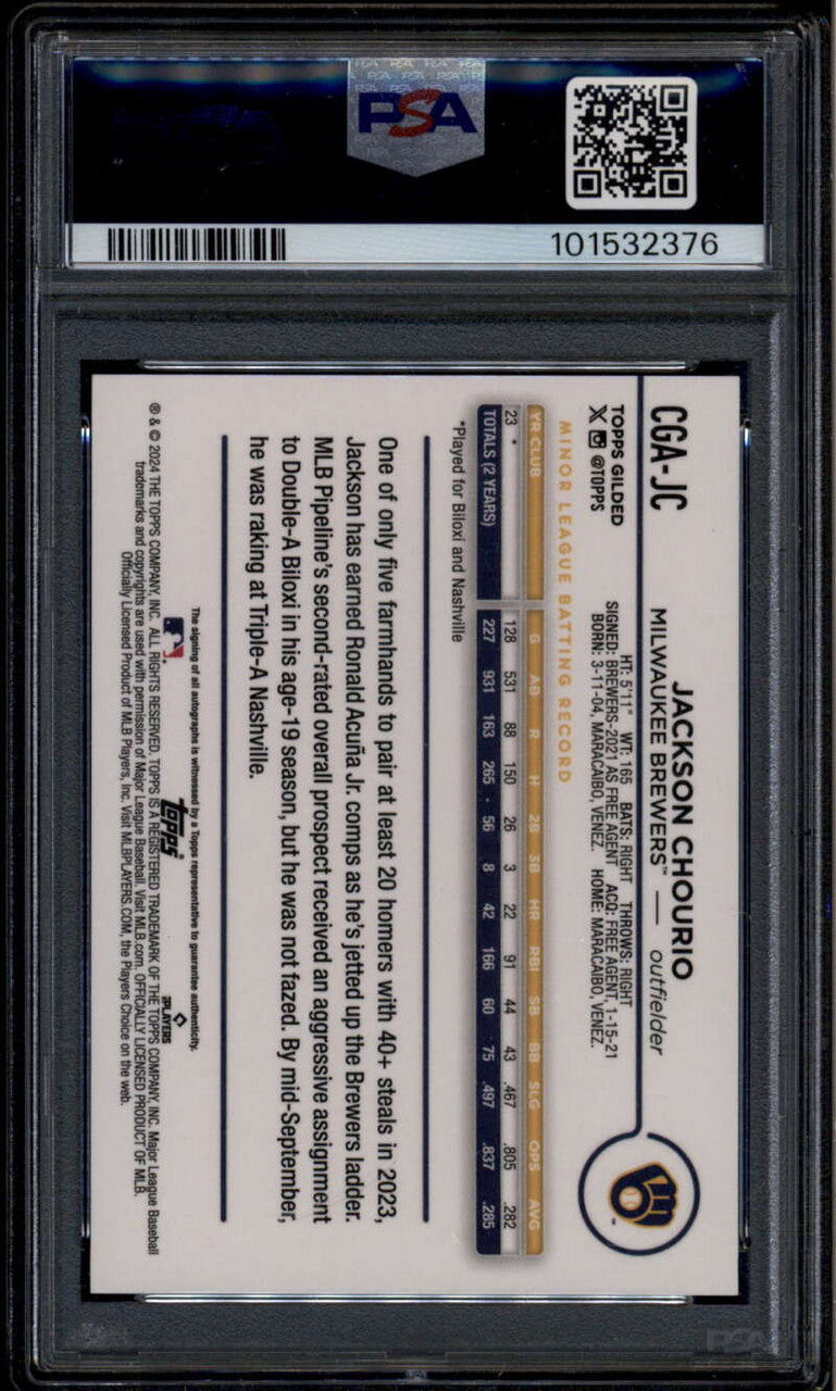 2024 Topps Chrome Gilded Gold Autographs CGAJC Jackson Chourio RC Auto /99 PSA 9