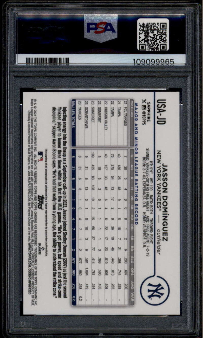 2024 Topps Chrome Sapphire Orange Refractor Jasson Dominguez RC Auto 16/25 PSA 9