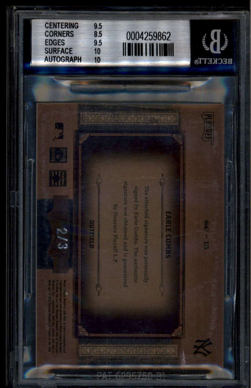 2005 Prime Cuts Souvenir Cuts 15 Earle Combs Cut Auto 2/3 BGS 9 MINT