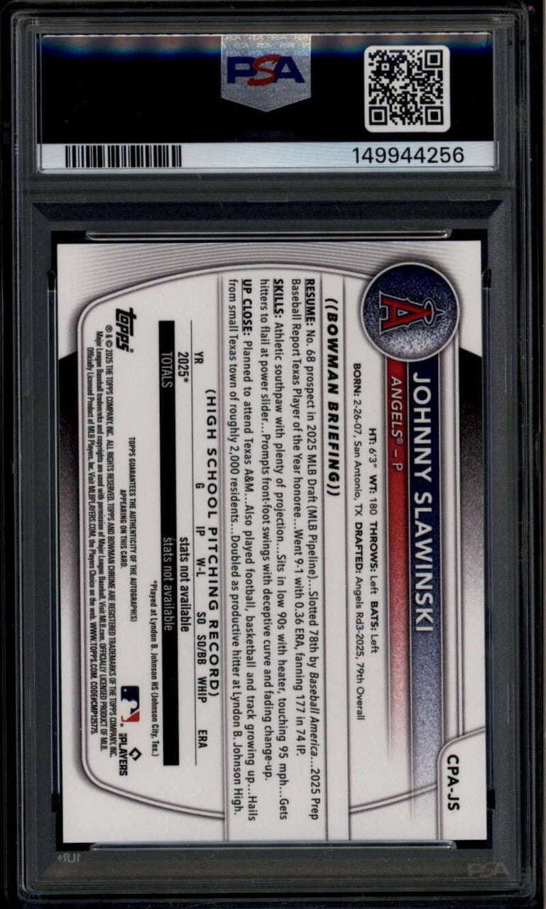 2025 Bowman Chrome Autographs Peanut Refractor Johnny Slawinski RC Auto /5 PSA 9