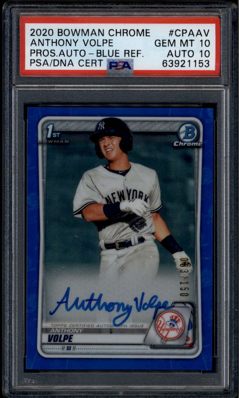 SOLD 185202 2020 Bowman Chrome Autographs Blue Refractor Anthony Volpe RC Auto 83/150 PSA 10