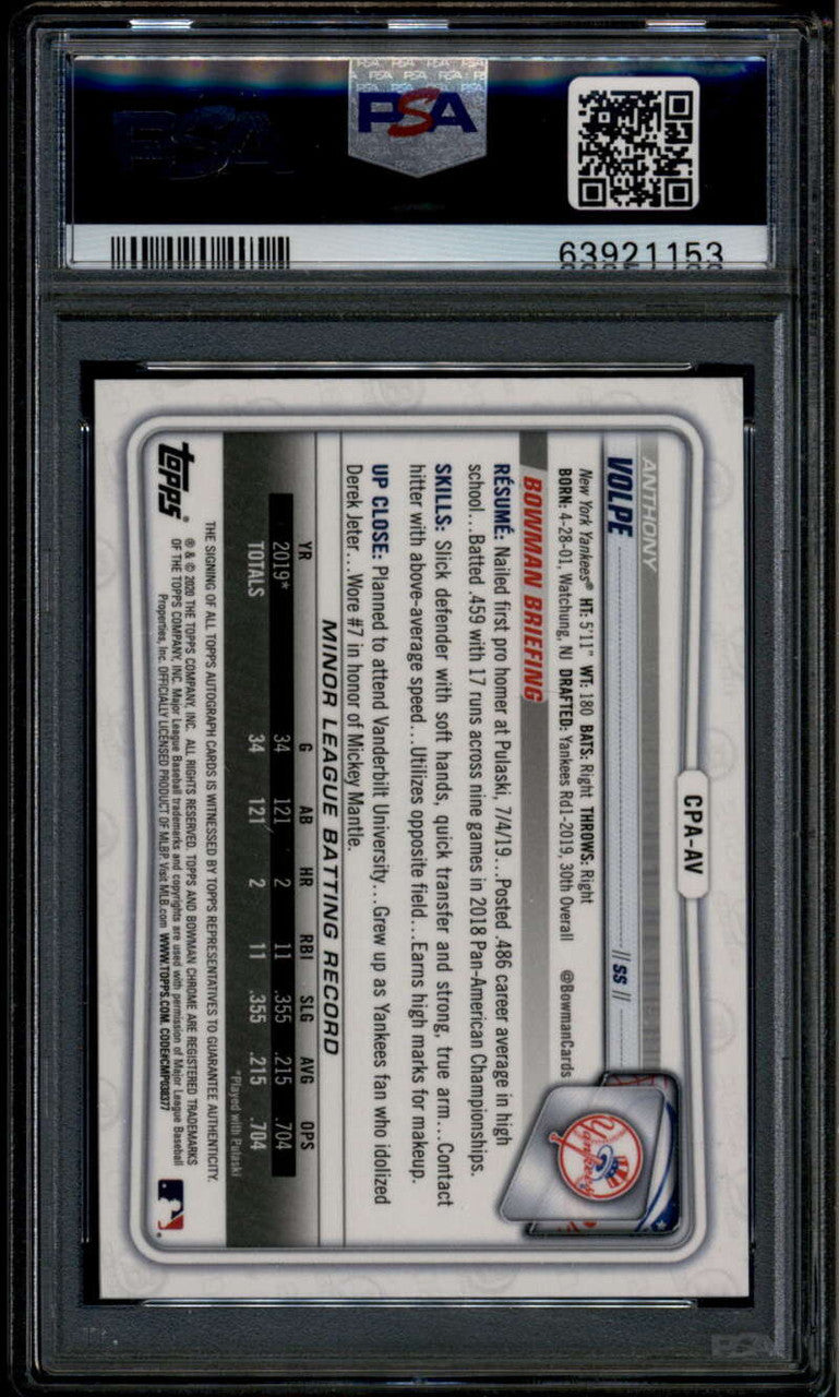 SOLD 185202 2020 Bowman Chrome Autographs Blue Refractor Anthony Volpe RC Auto 83/150 PSA 10