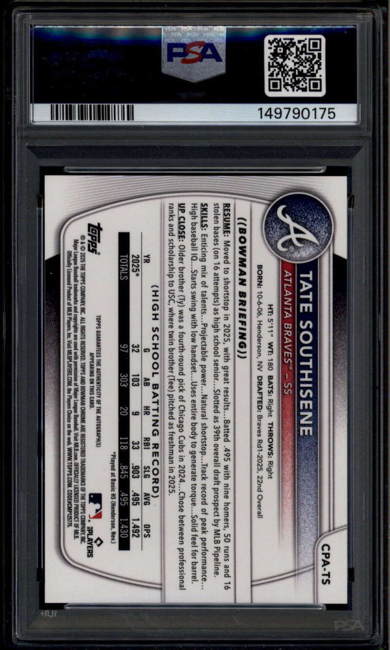 SOLD 185208 2025 Bowman Chrome Draft Peanuts Refractor Tate Southisene RC Auto 4/5 PSA 9