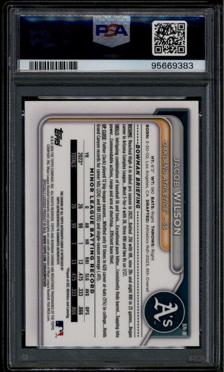 2024 Bowman Chrome Autographs Black Refractor Jacob Wilson RC Auto 8/10 PSA 9