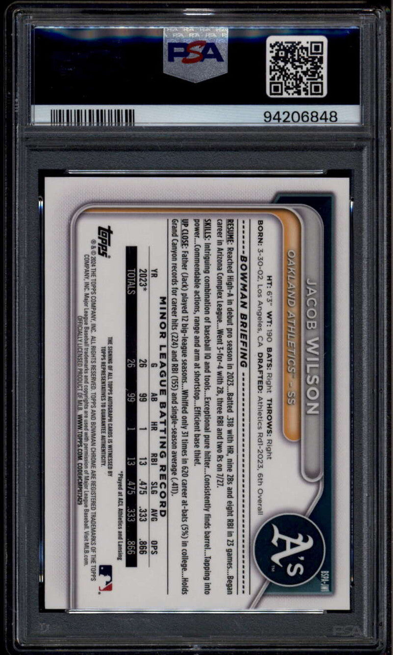 2024 Bowman Chrome Autographs Black Refractor Jacob Wilson RC Auto 10/10 PSA 9