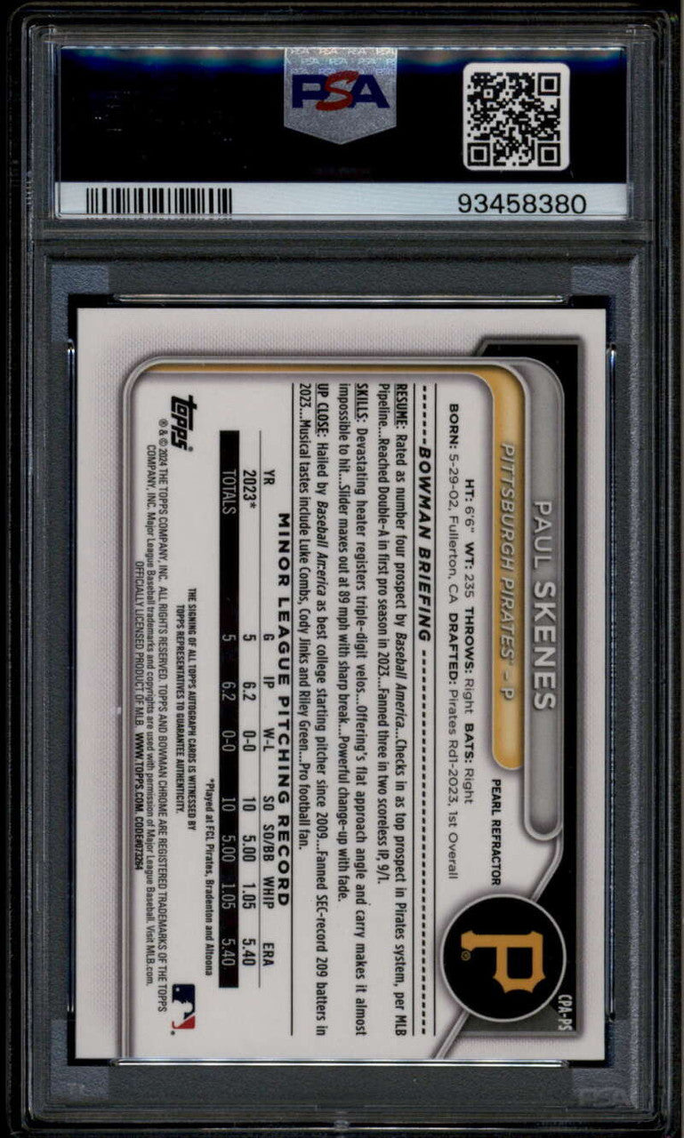 2024 Bowman Chrome Autographs Pearl Refractor Paul Skenes RC Auto 5/10 PSA 9 10