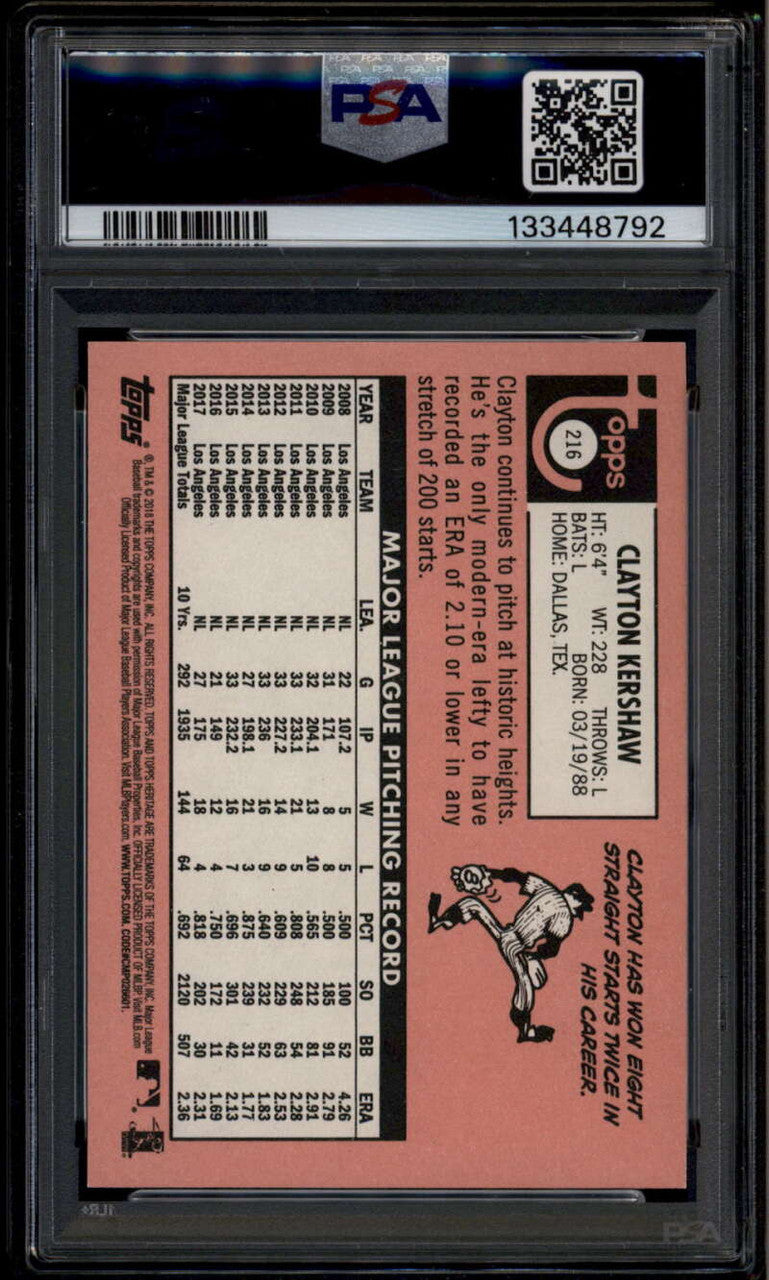 SOLD 185222 2018 Topps Heritage Action Variations 216 Clayton Kershaw SP PSA 9 MINT