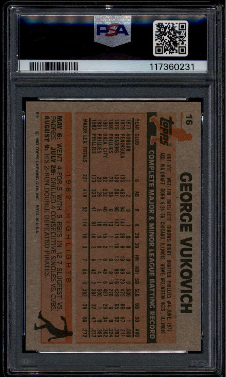 SOLD 185229 1983 Topps 16 George Vukovich PSA 10 GEM MT