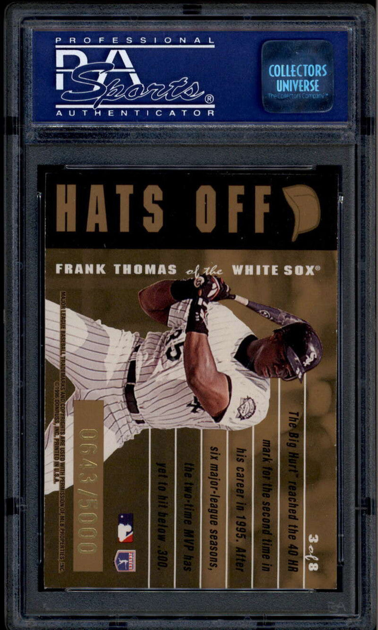 SOLD 185244 1996 Leaf Hats Off 3 Frank Thomas 643/5000 PSA 8 NM-MT