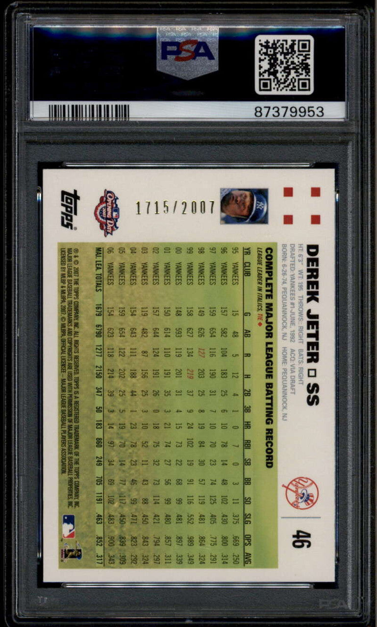 SOLD 185247 2007 Topps Opening Day Gold 46 Derek Jeter 1715/2007 PSA 9 MINT