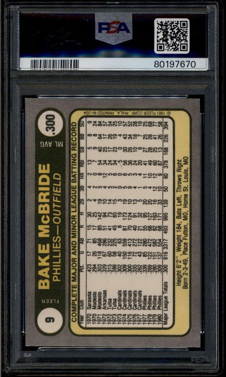 SOLD 185254 1981 Fleer 9 Bake McBride PSA 10 GEM MT