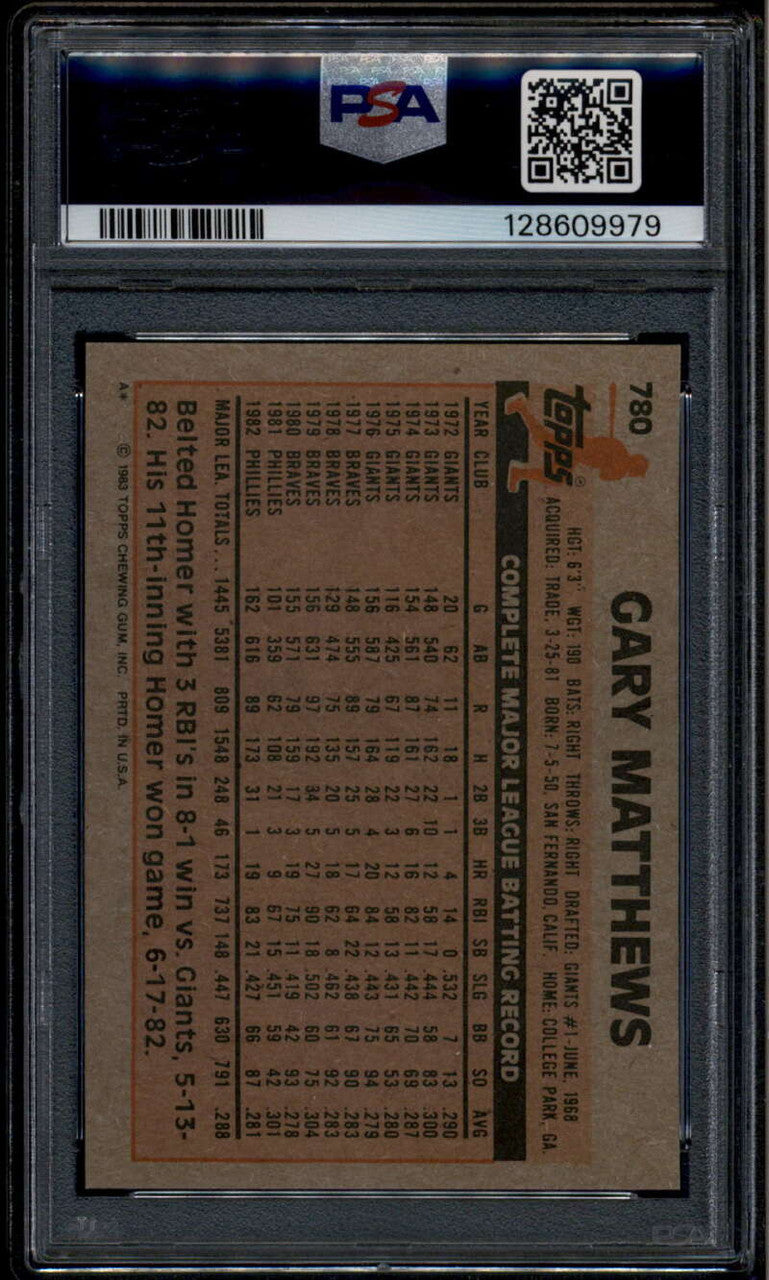 SOLD 185263 1983 Topps 780 Gary Matthews PSA 10 GEM MT 128609979
