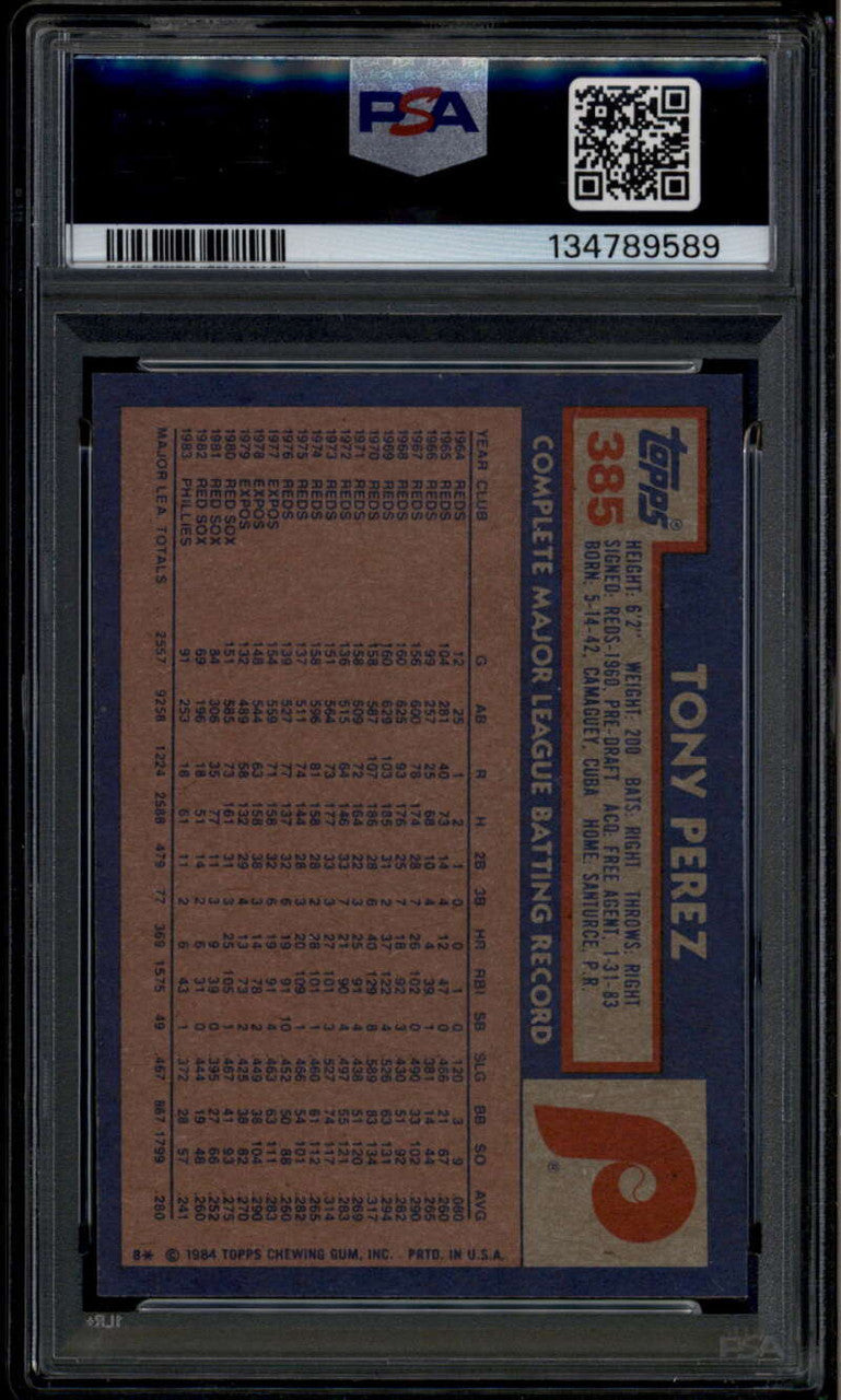 SOLD 185265 1984 Topps 385 Tony Perez PSA 10 GEM MT