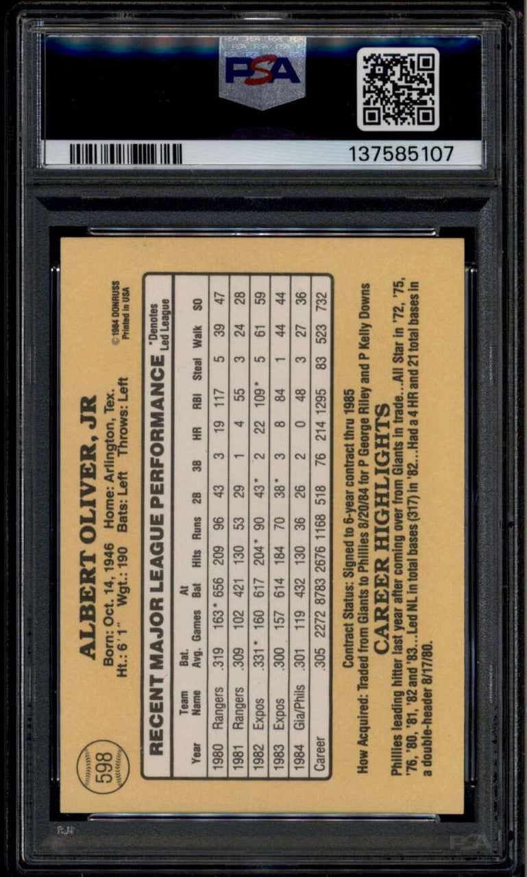 1985 Donruss 598 Al Oliver PSA 10 GEM MT
