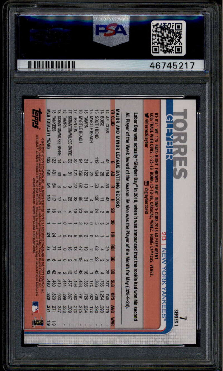 2019 Topps Photo Variations 7 Gleyber Torres Black Warm-Up Shirt SP PSA 10 GEM