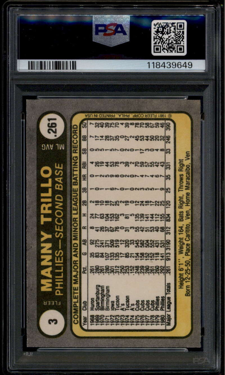 1981 Fleer 3 Manny Trillo PSA 10 GEM MT 118439649