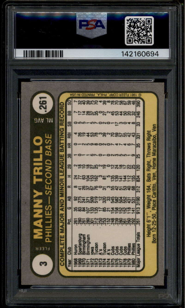 1981 Fleer 3 Manny Trillo PSA 10 GEM MT 142160694