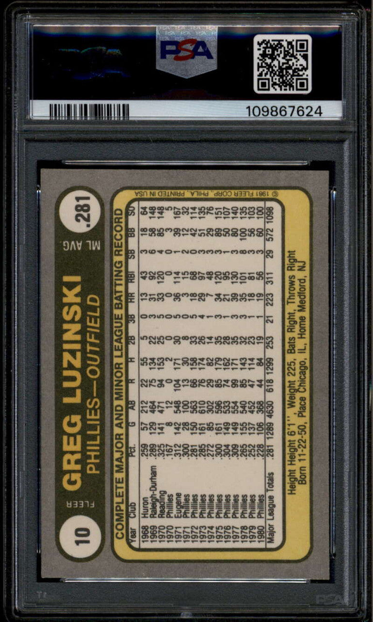 1981 Fleer 10 Greg Luzinski PSA 10 GEM MT