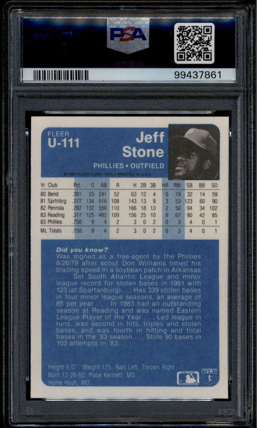 1984 Fleer Update u111 Jeff Stone XRC Rookie RC PSA 10 GEM MT