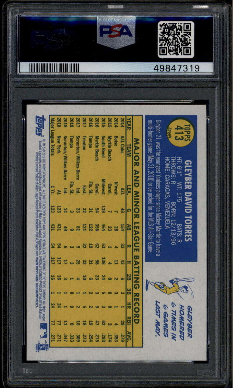 2019 Topps Heritage Error Variations 413 Gleyber Torres Yellow Dash SP PSA 10