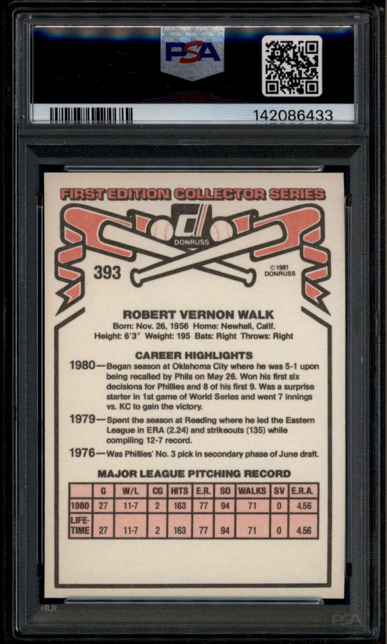 SOLD 185306 1981 Donruss 393 Bob Walk PSA 10 GEM MT