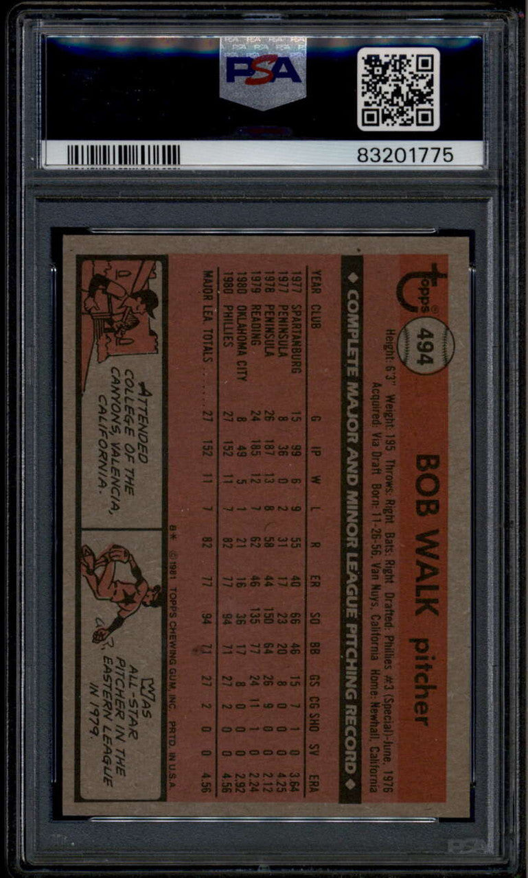 1981 Topps 494 Bob Walk PSA 10 GEM MT
