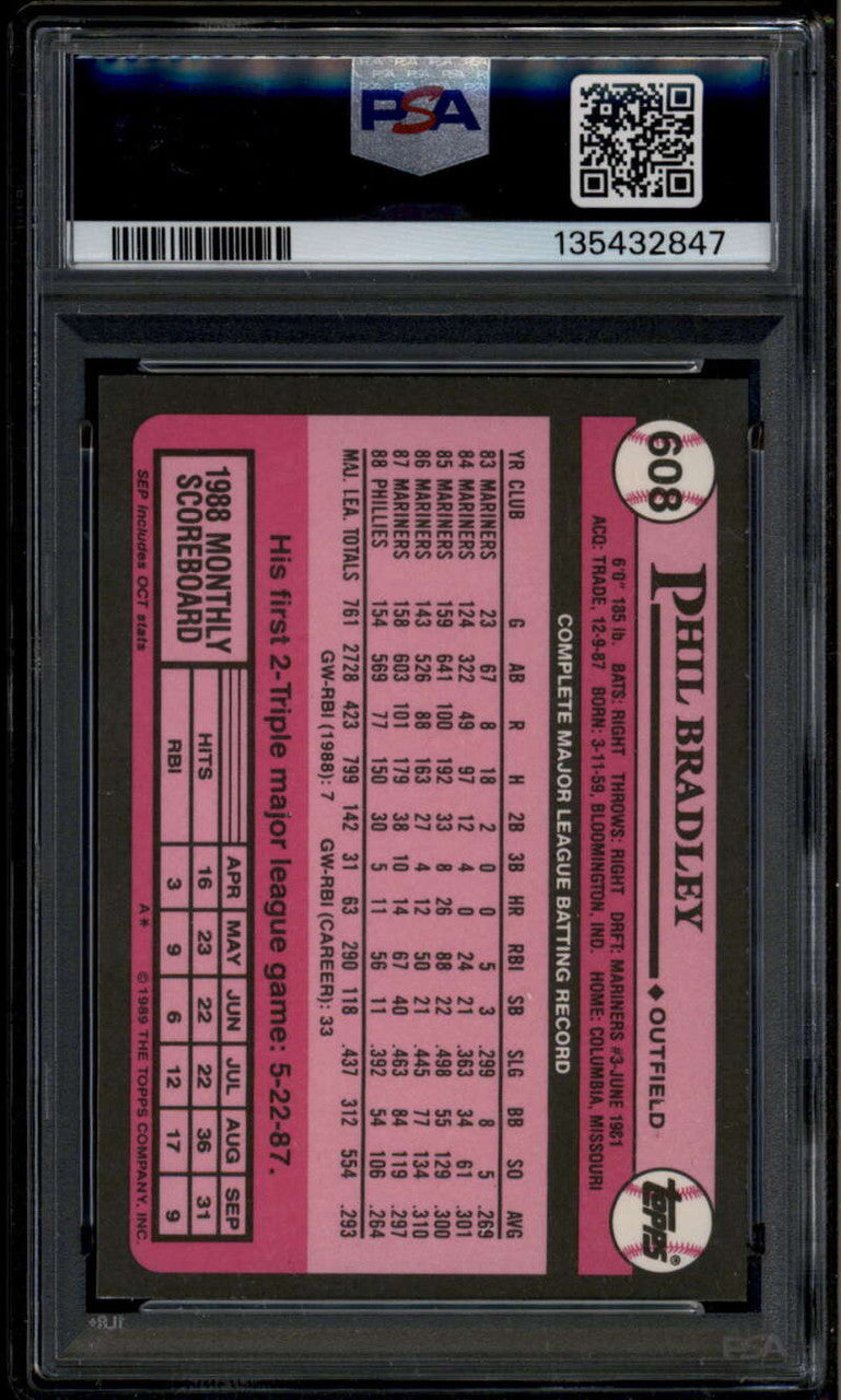 1989 Topps Tiffany 608 Phil Bradley PSA 10 GEM MT POP 2