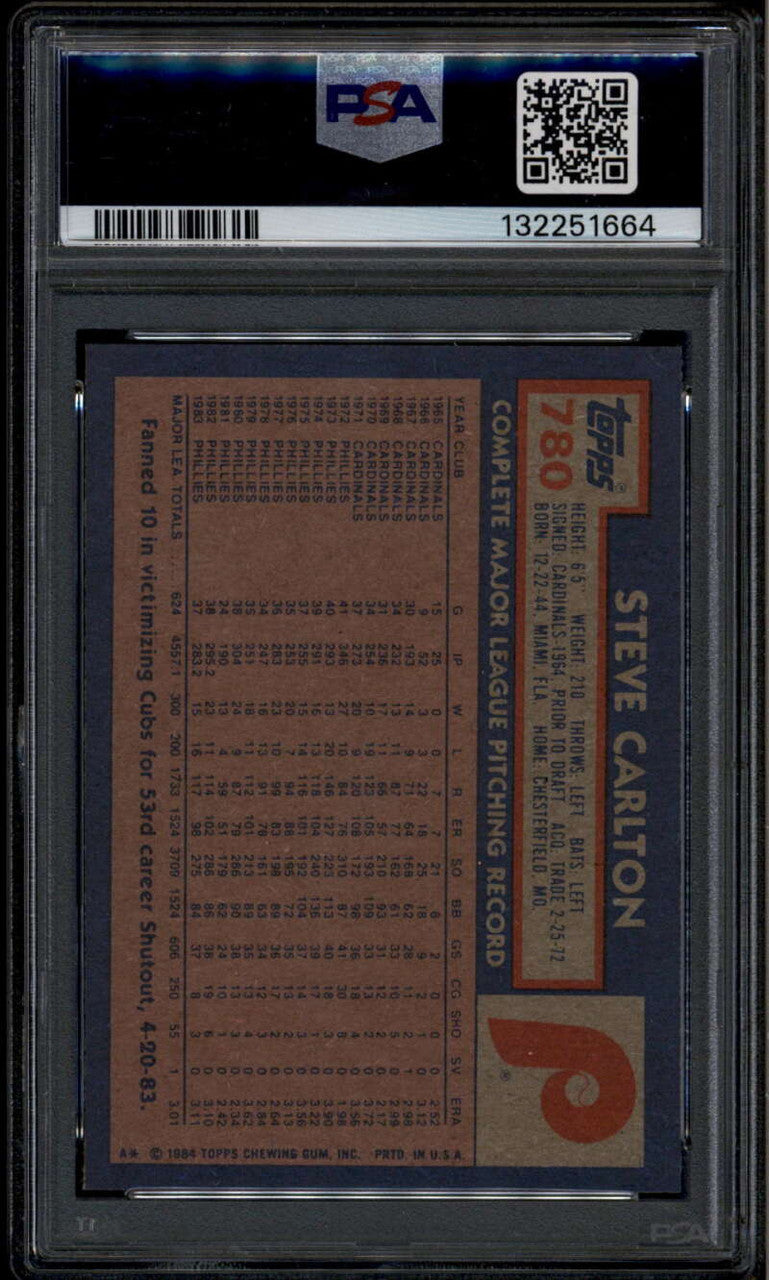 SOLD 185322 1984 Topps 780 Steve Carlton PSA 10 GEM MT