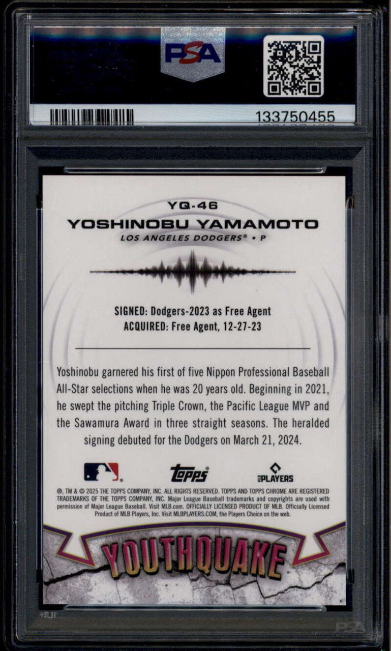2025 Topps Chrome Youthquake Orange Refractor yq46 Yoshinobu Yamamoto /25 PSA 9