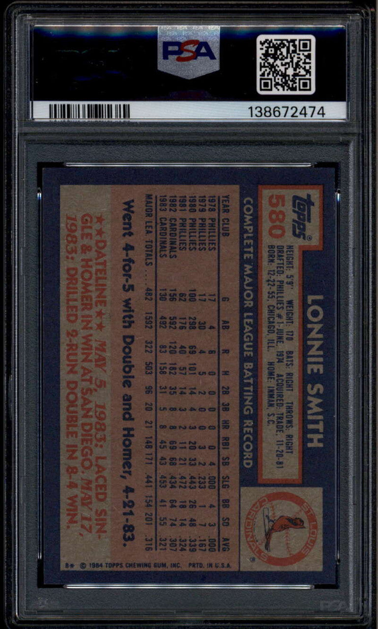 SOLD 185330 1984 Topps 580 Lonnie Smith PSA 10 GEM MT