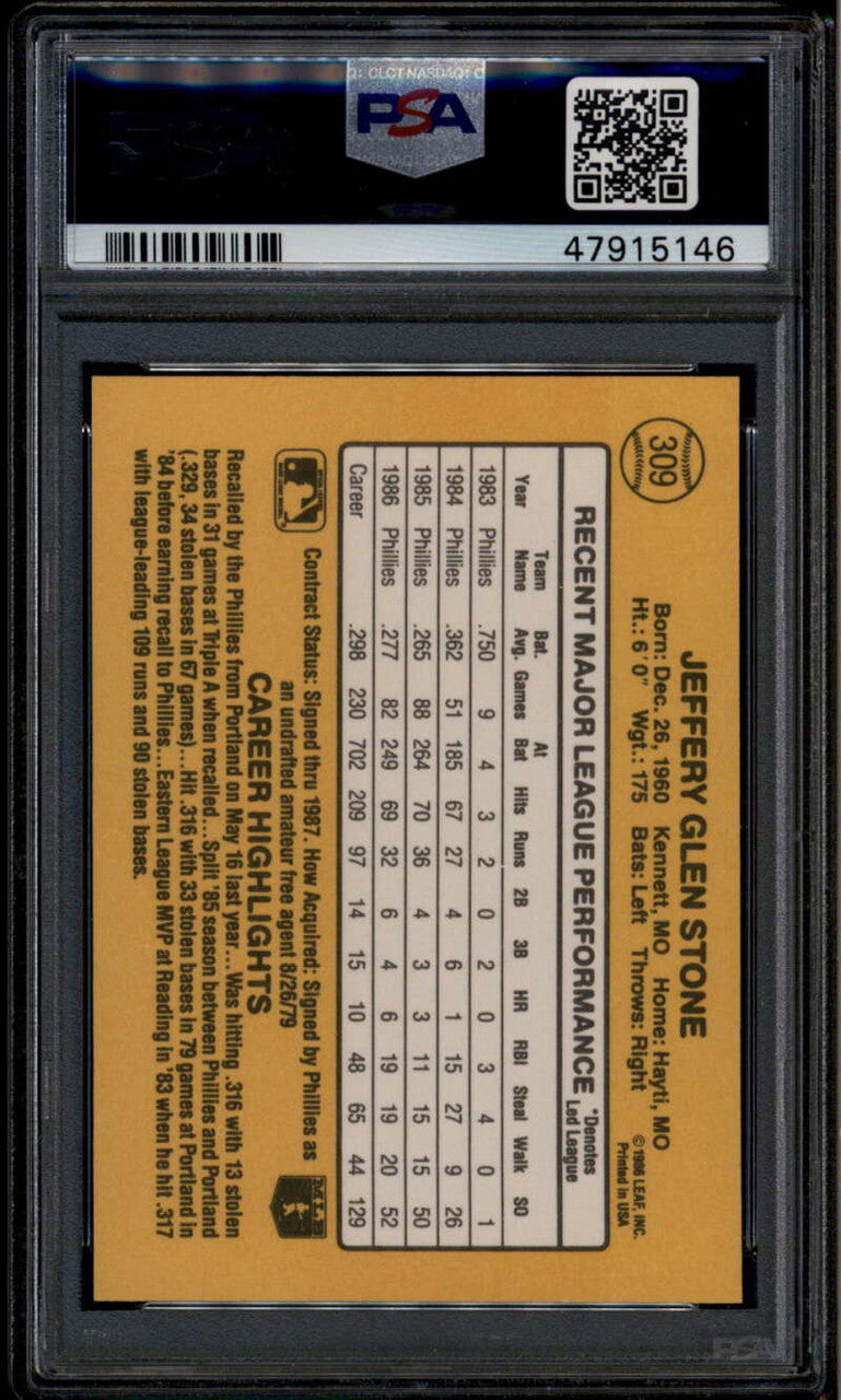 1987 Donruss 309 Jeff Stone PSA 10 GEM MT POP 1