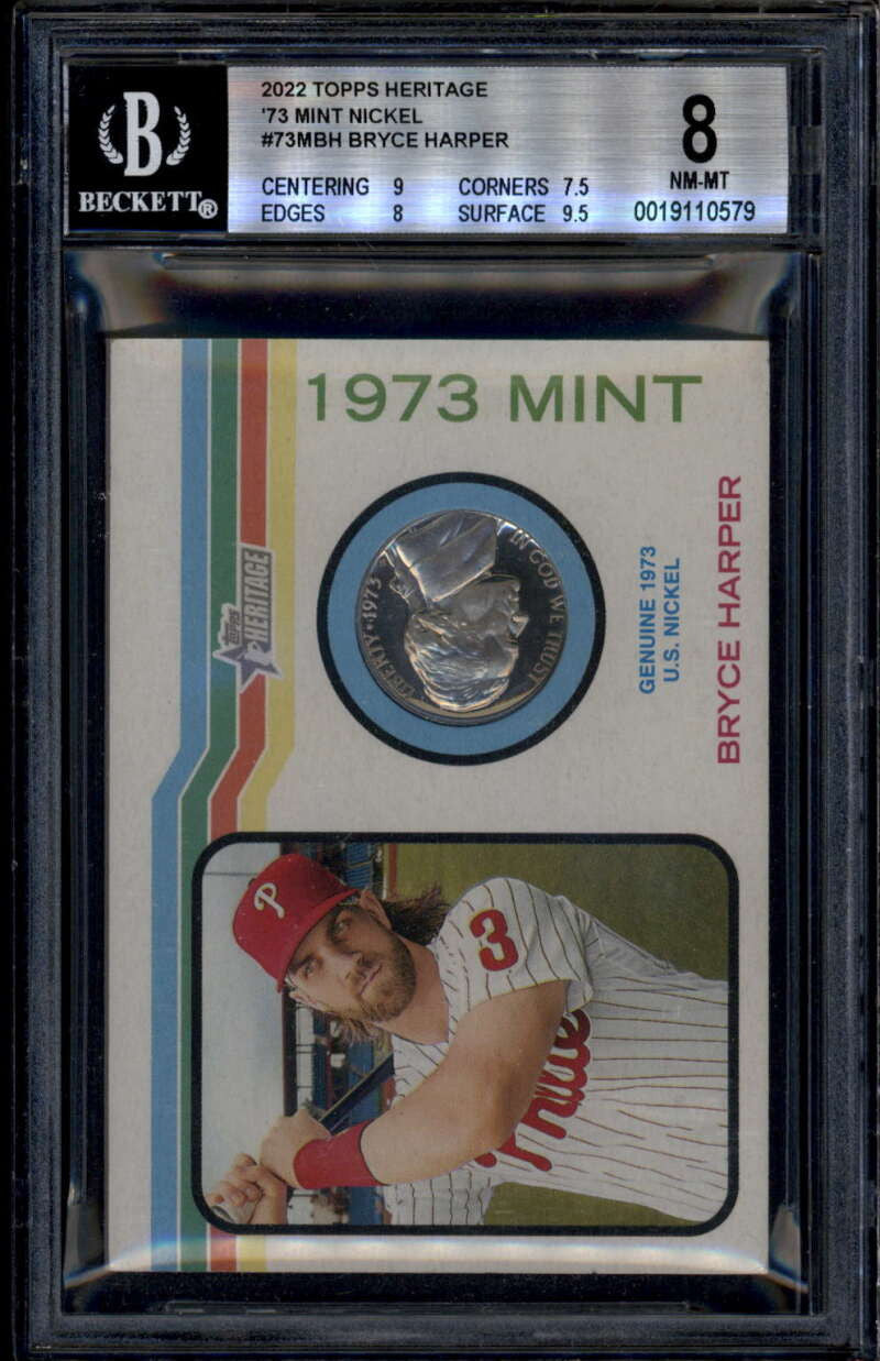 SOLD 185340 2022 Topps Heritage '73 Mint Nickel Bryce Harper 1973 Genuine Nickel 6/15 BGS 8