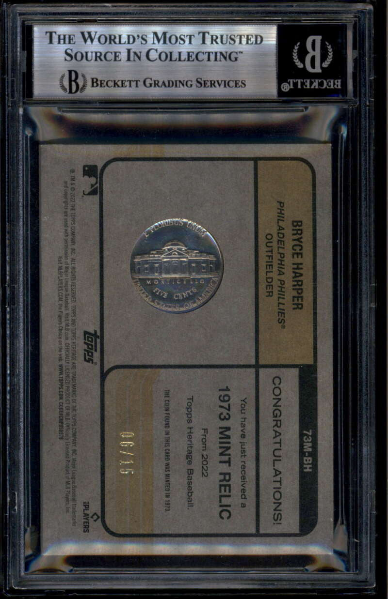 SOLD 185340 2022 Topps Heritage '73 Mint Nickel Bryce Harper 1973 Genuine Nickel 6/15 BGS 8