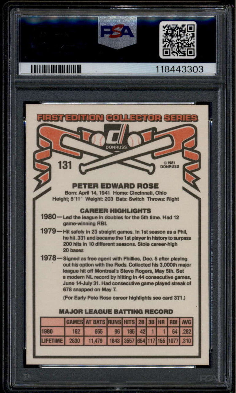 SOLD 185361 1981 Donruss 131b Pete Rose p2 Pete Rose See Card 371 on Back PSA 10 GEM MT