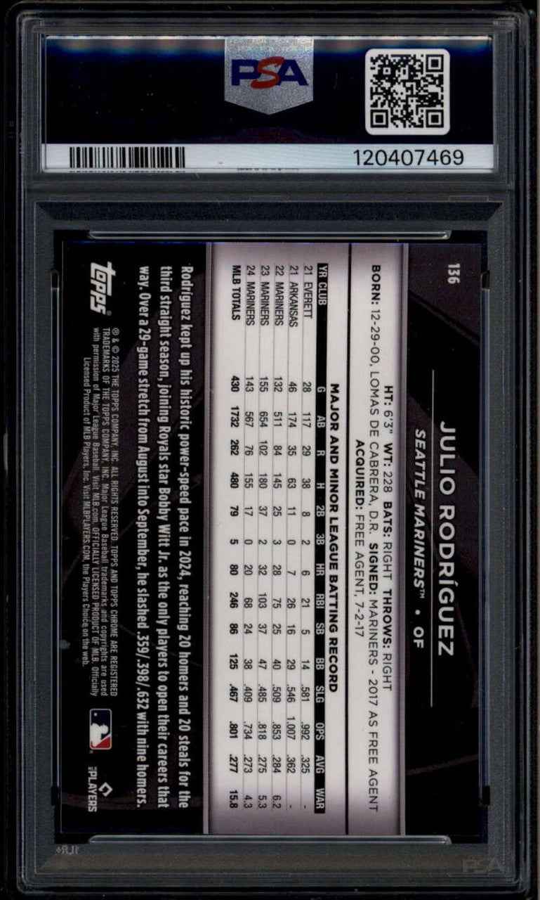 2025 Topps Chrome Black Orange Refractor 136 Julio Rodriguez 12/25 PSA 10 GEM MT