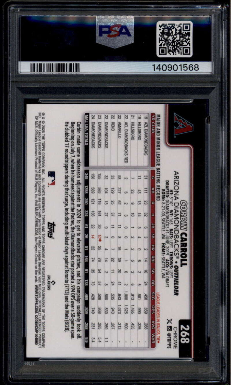 SOLD 185371 2025 Topps Chrome Logofractor Red Refractor 268 Corbin Carroll 1/5 PSA 9 MINT