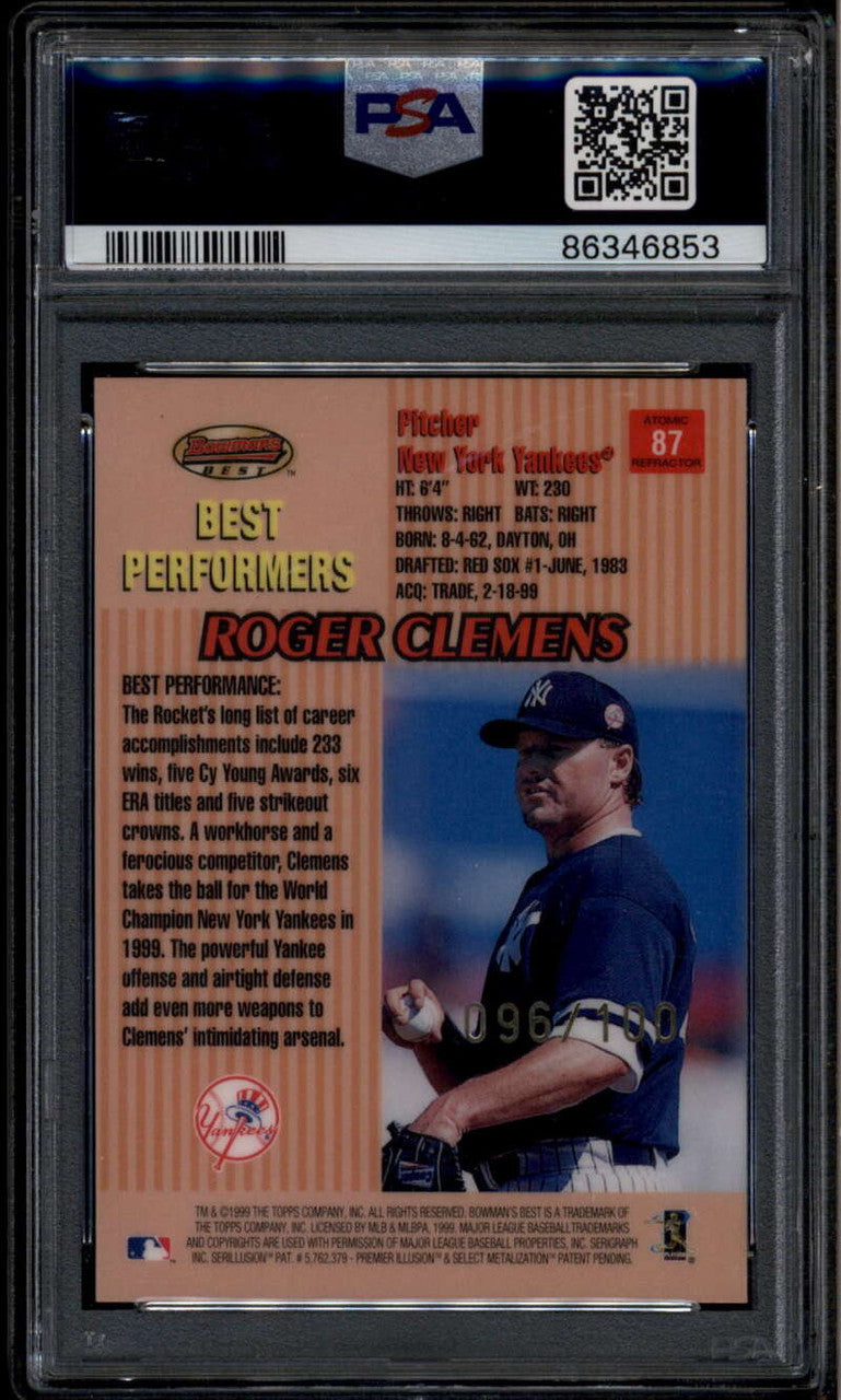 1999 Bowman's Best Atomic Refractor 87 Roger Clemens BP 96/100 Performers PSA 9