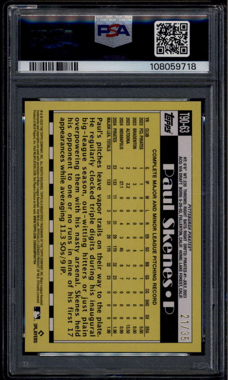 2025 Topps '90 Topps No Name t9063 Paul Skenes 21/35 PSA 10 GEM MT