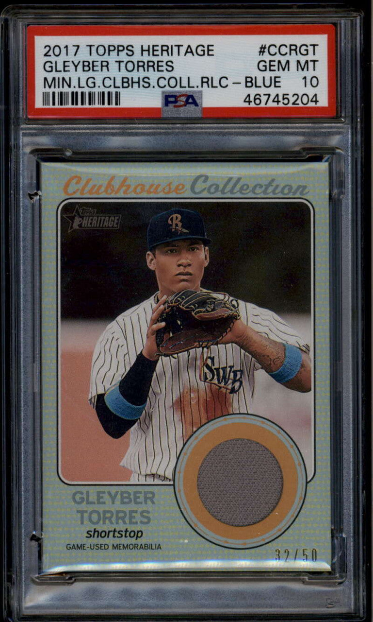2017 Topps Heritage Minors Clubhouse Blue Gleyber Torres RC Jersey 32/50 PSA 10
