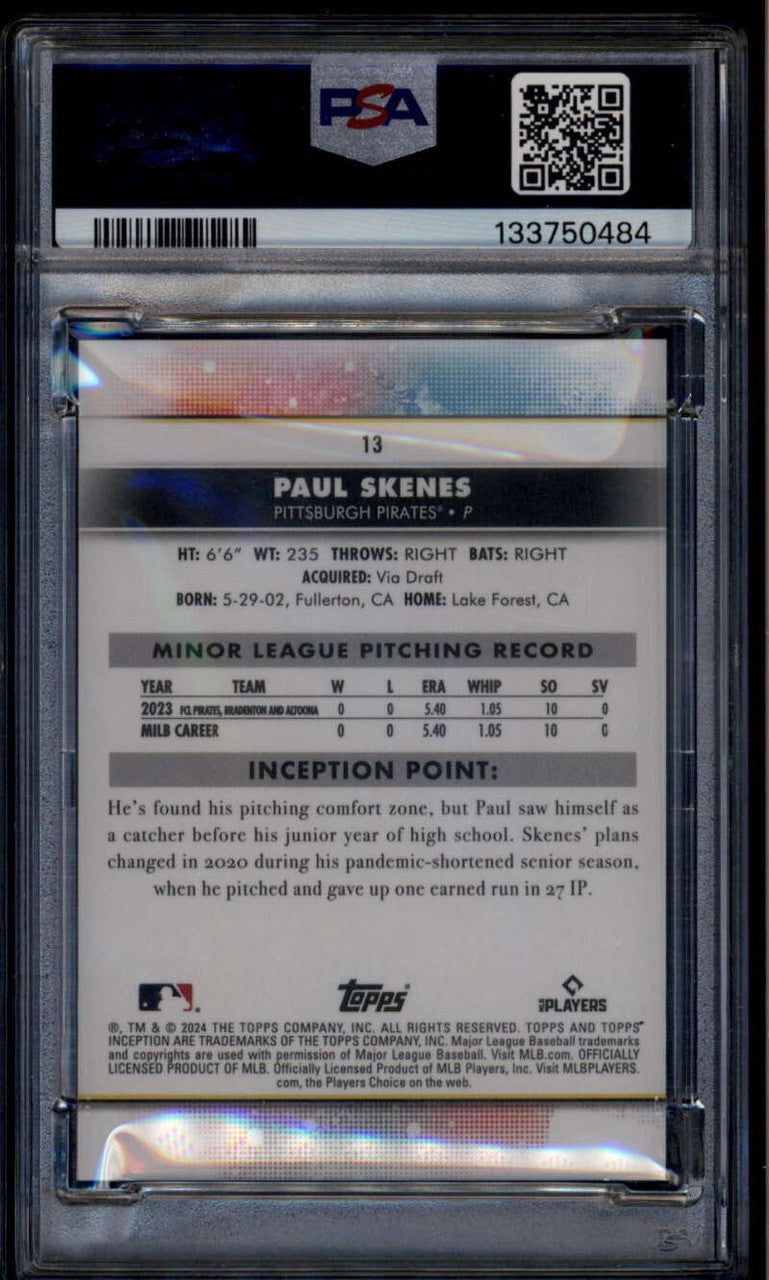 SOLD 185404 2024 Topps Inception 13 Paul Skenes Rookie RC PSA 9 MINT