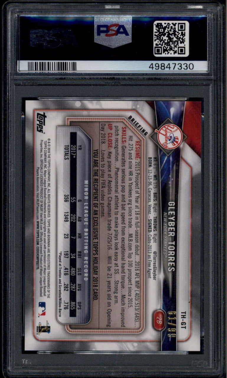 2018 Topps Bowman Holiday Green Festive Gleyber Torres Rookie RC 61/99 PSA 10
