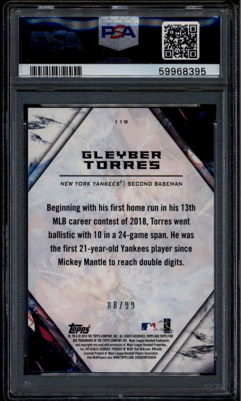 2018 Topps Fire Purple 119 Gleyber Torres Rookie RC 88/99 PSA 10 GEM MT