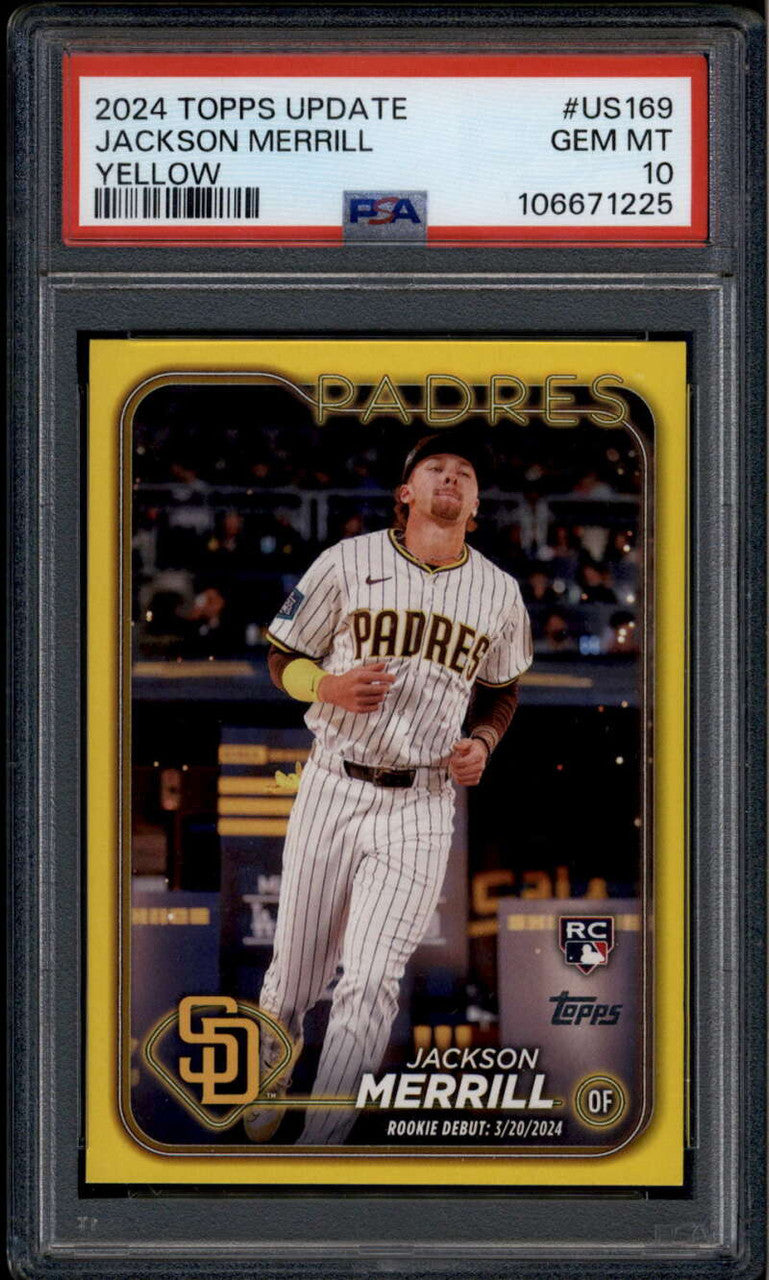 SOLD 185417 2024 Topps Update Yellow us169 Jackson Merrill RD Rookie Debut RC PSA 10 GEM MT
