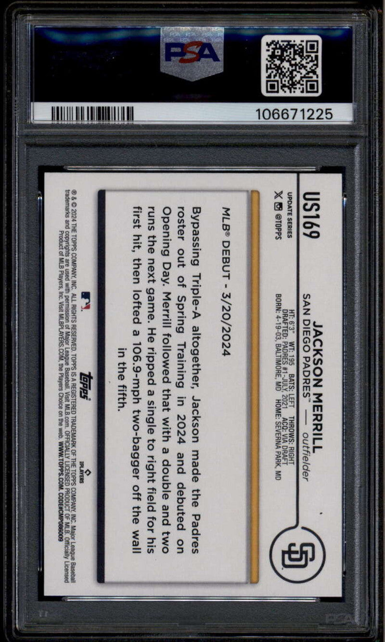 SOLD 185417 2024 Topps Update Yellow us169 Jackson Merrill RD Rookie Debut RC PSA 10 GEM MT