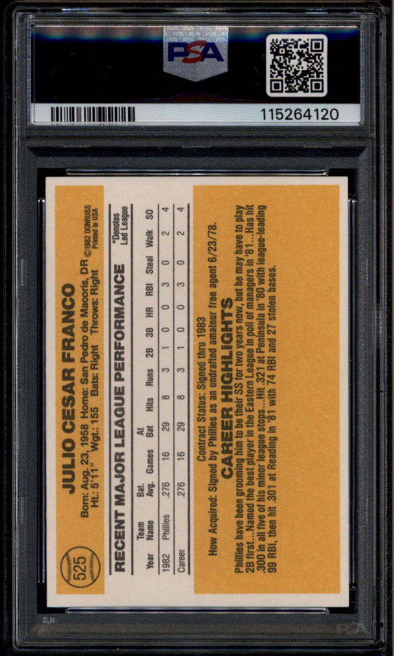 1983 Donruss 525 Julio Franco Rookie RC PSA 10 GEM MT