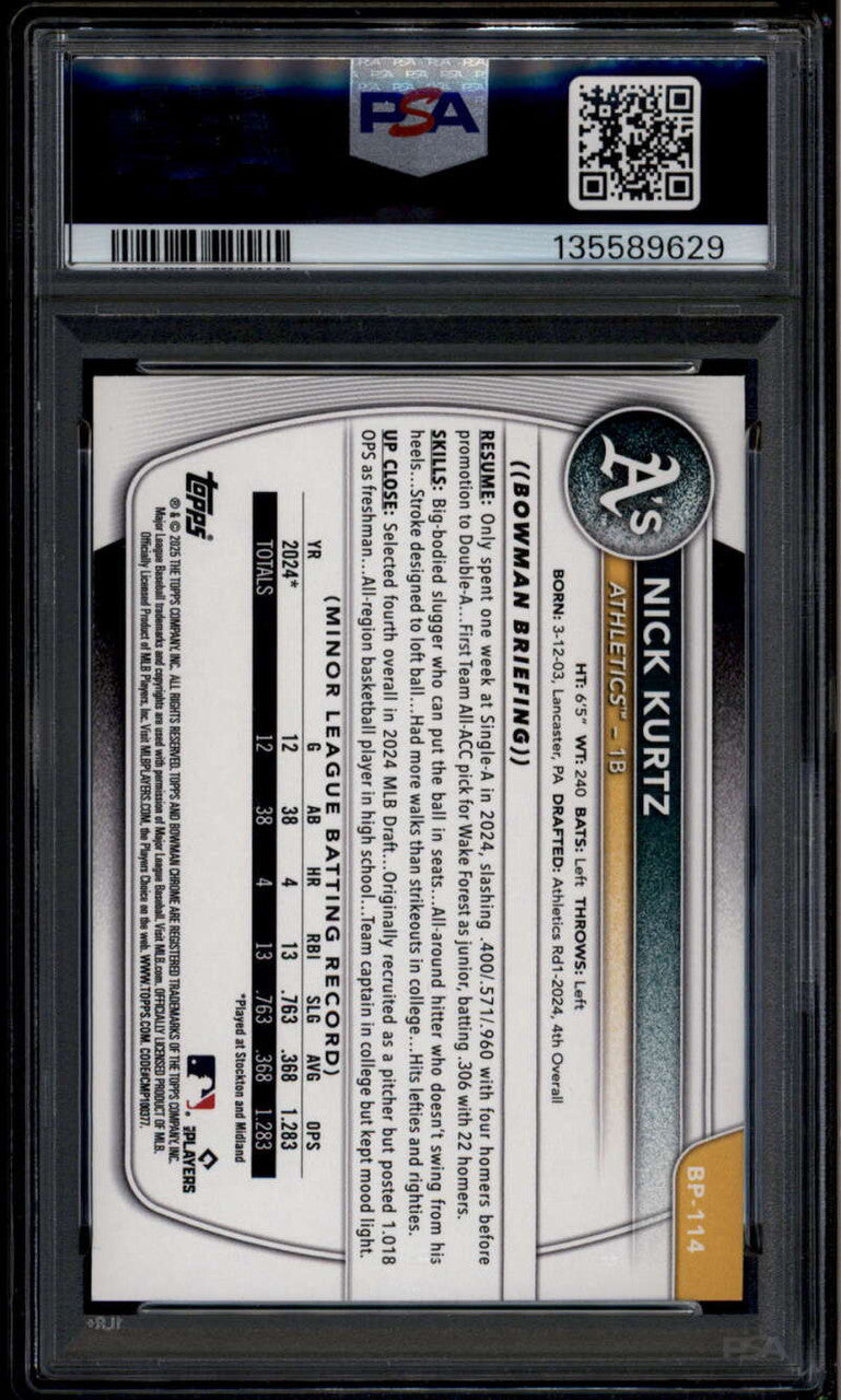 2025 Bowman Prospects Gold bp114 Nick Kurtz Rookie RC 19/50 PSA 8 NM-MT