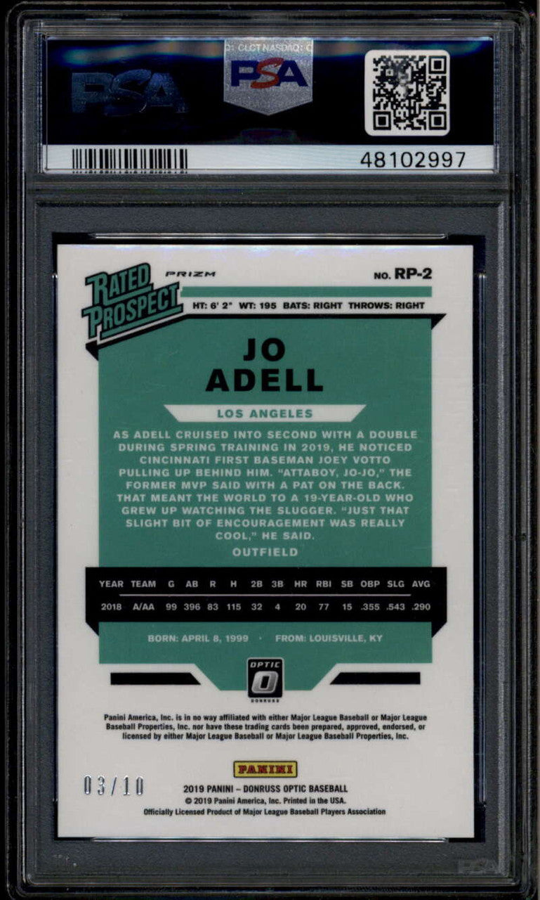 2019 Donruss Optic Rated Prospects Gold Refractor Jo Adell Rookie RC 3/10 PSA 9