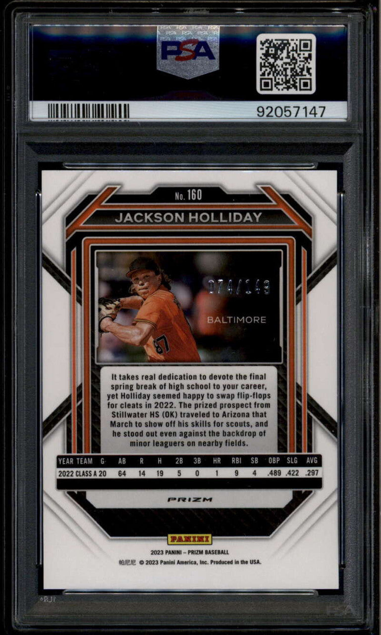 2023 Panini Prizm Prizms Blue Refractor Jackson Holliday Rookie RC 74/149 PSA 10