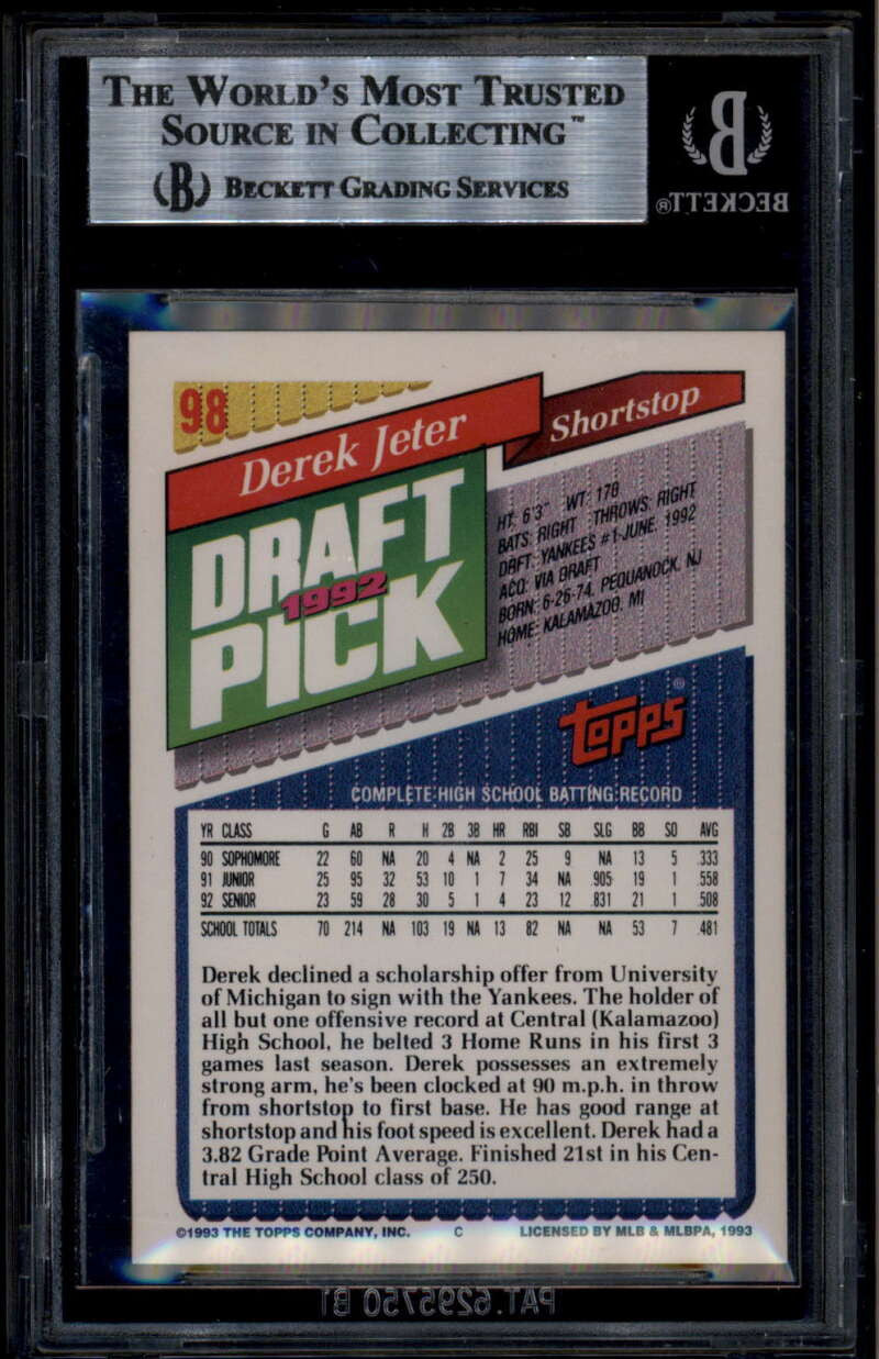 SOLD 185459 1993 Topps Gold 98 Derek Jeter Rookie RC BGS 8.5 NM-MT+